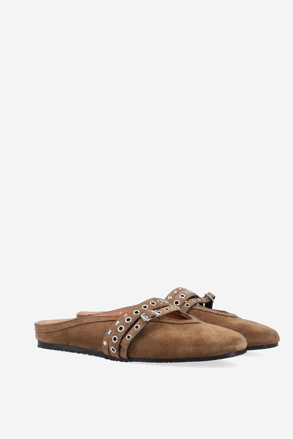 Cross-over suede mules