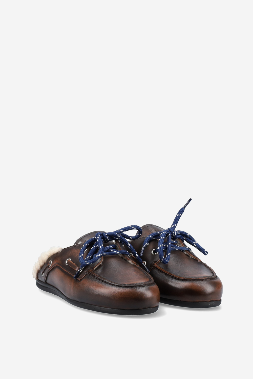 Fur leather boat loafer mules