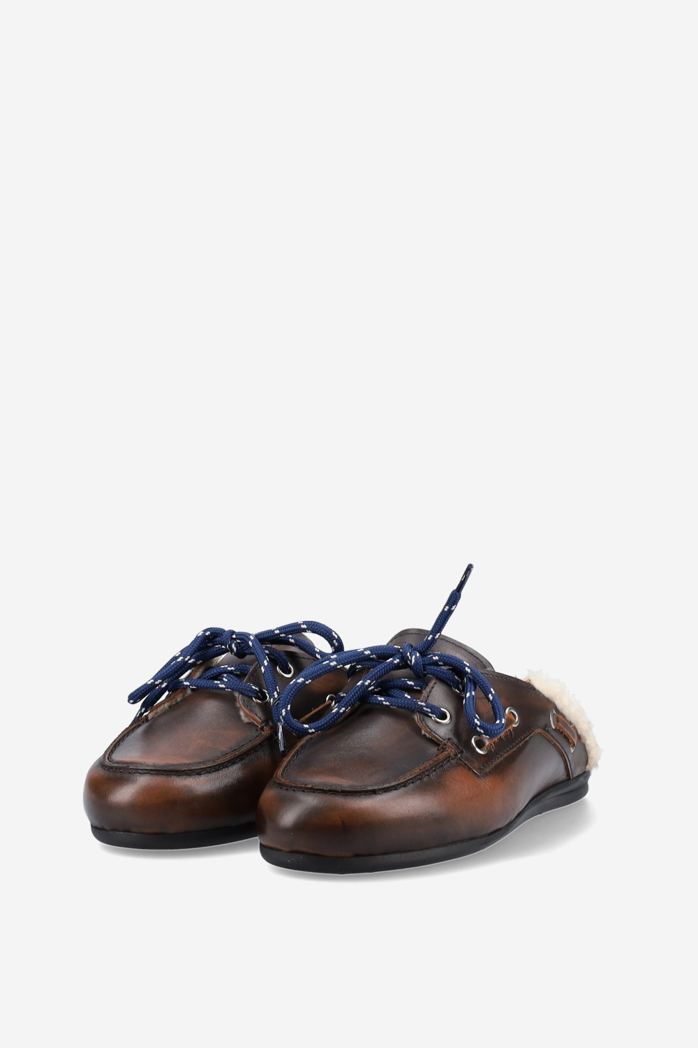 Fur leather boat loafer mules