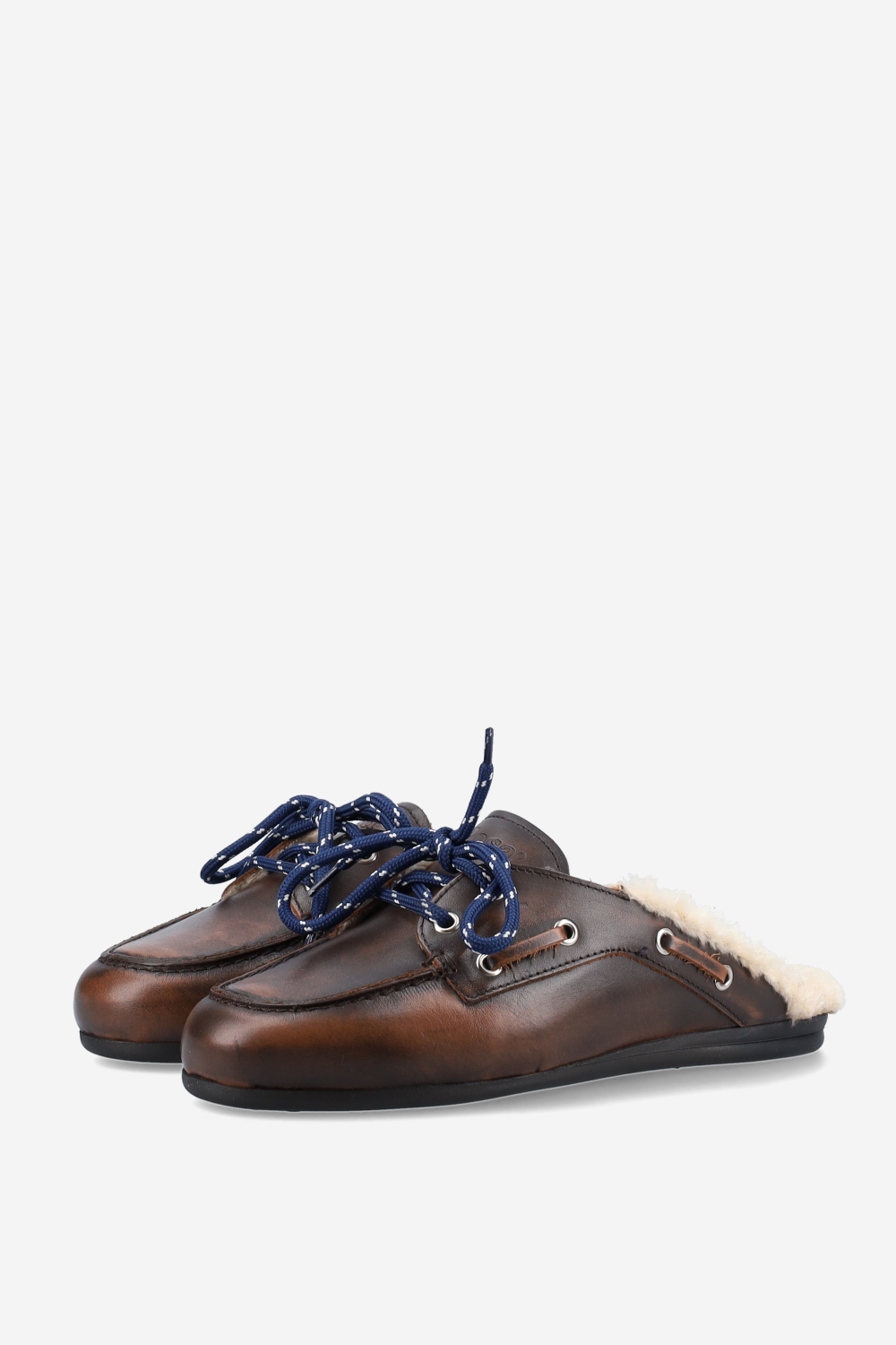 Fur leather boat loafer mules