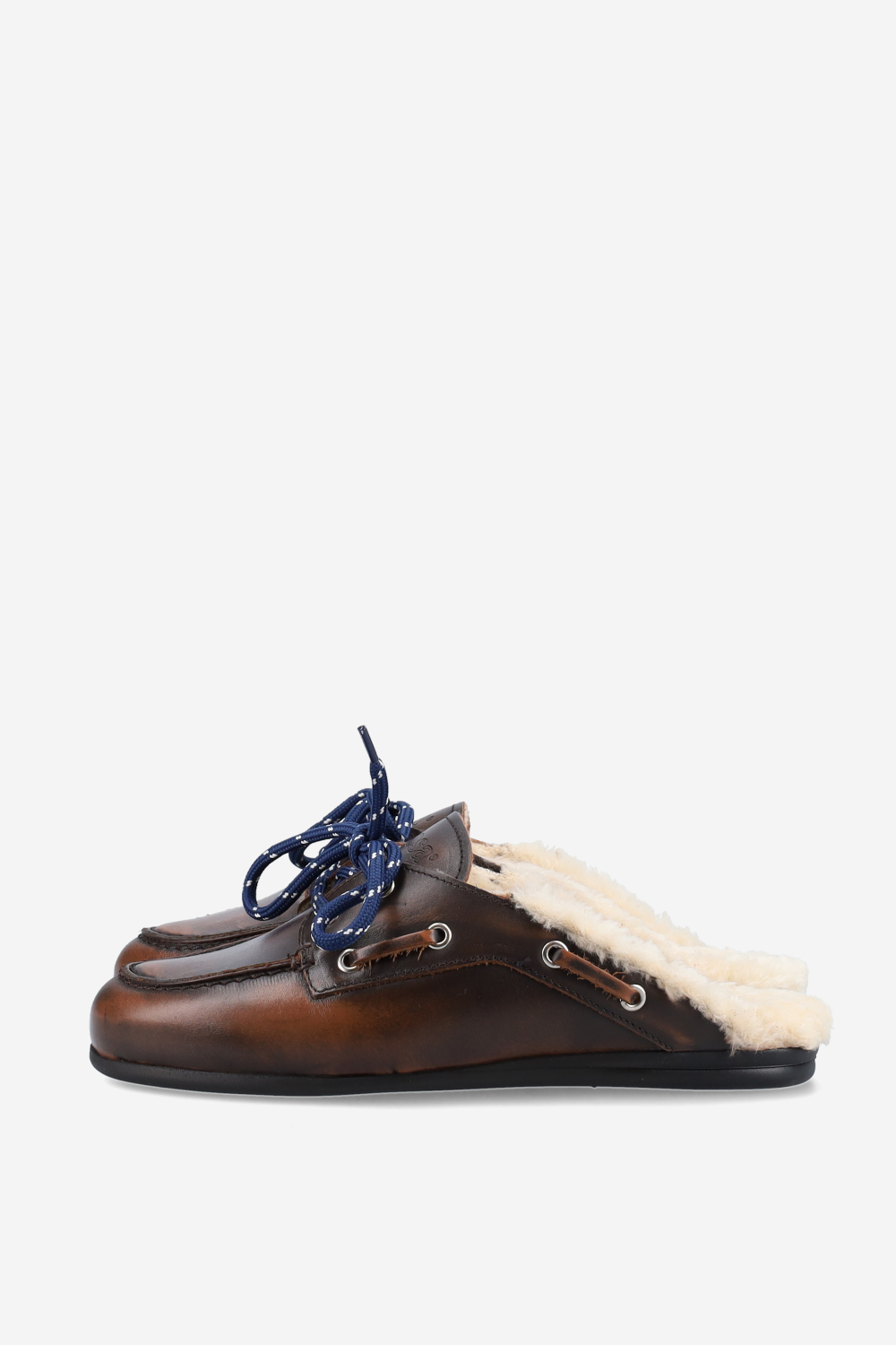 Fur leather boat loafer mules