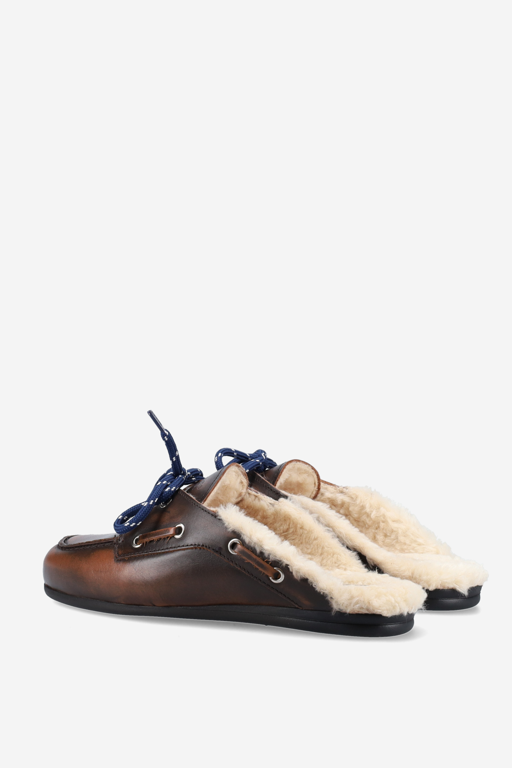 Fur leather boat loafer mules