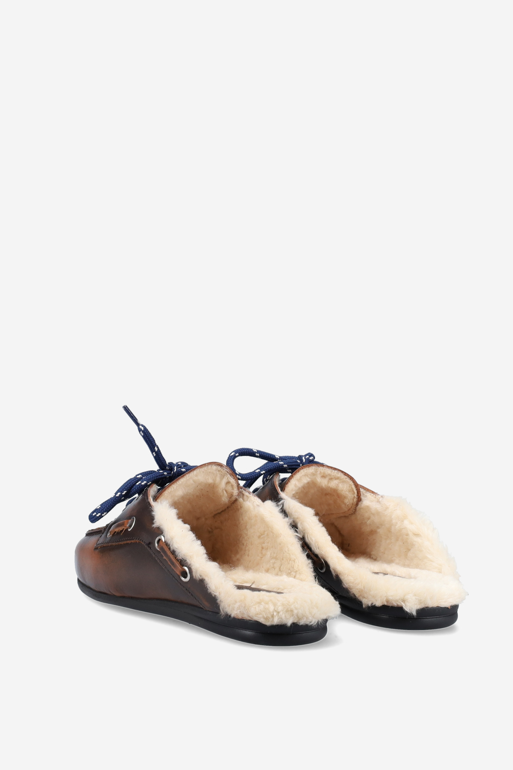 Fur leather boat loafer mules