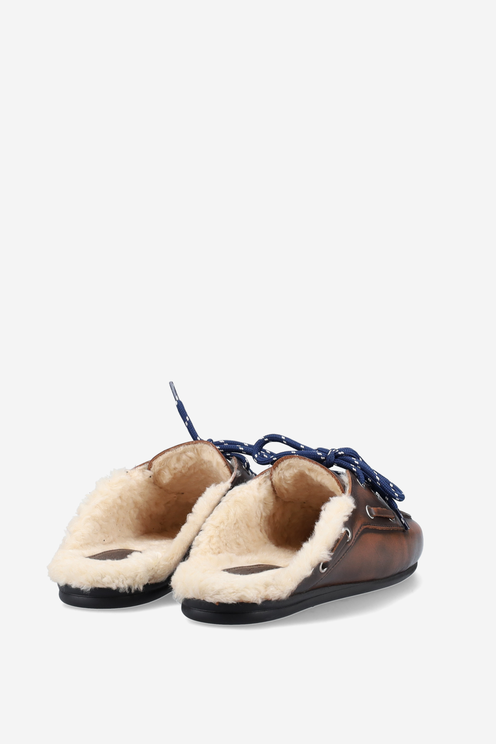 Fur leather boat loafer mules