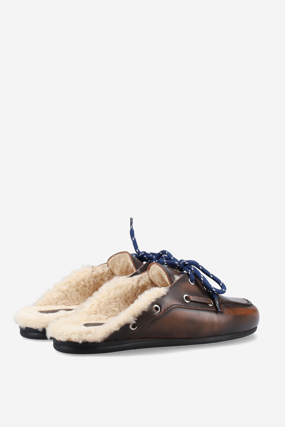 Fur leather boat loafer mules