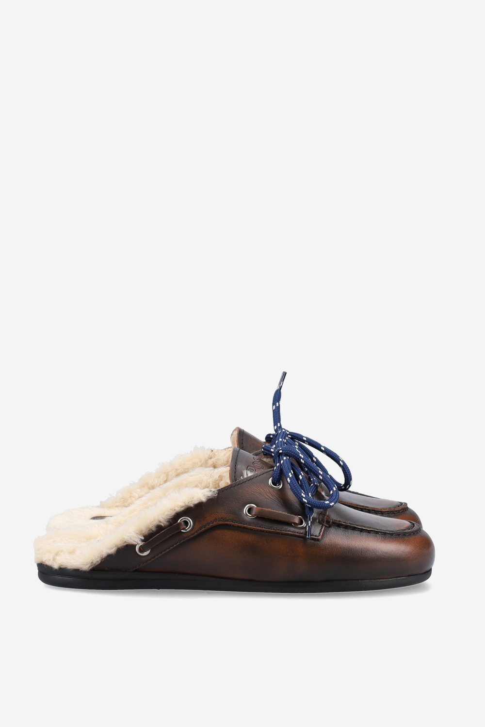 Fur leather boat loafer mules