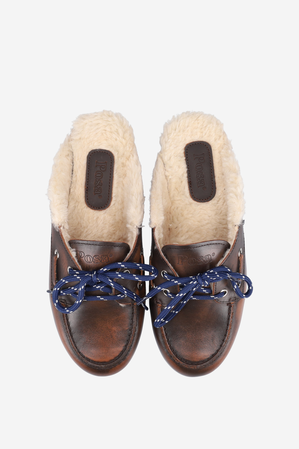 Fur leather boat loafer mules
