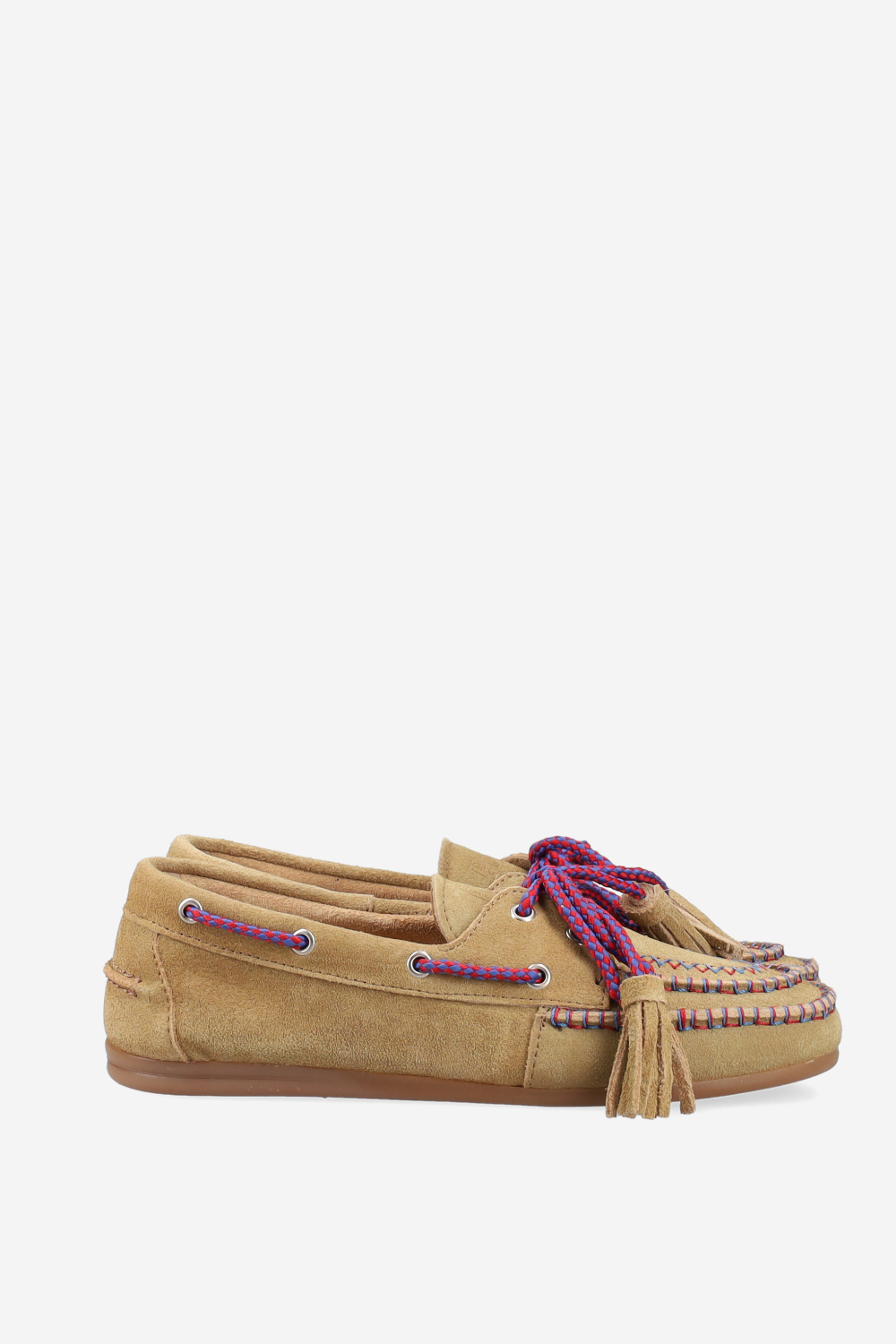 Boat fringe coloured stitch suede loafers