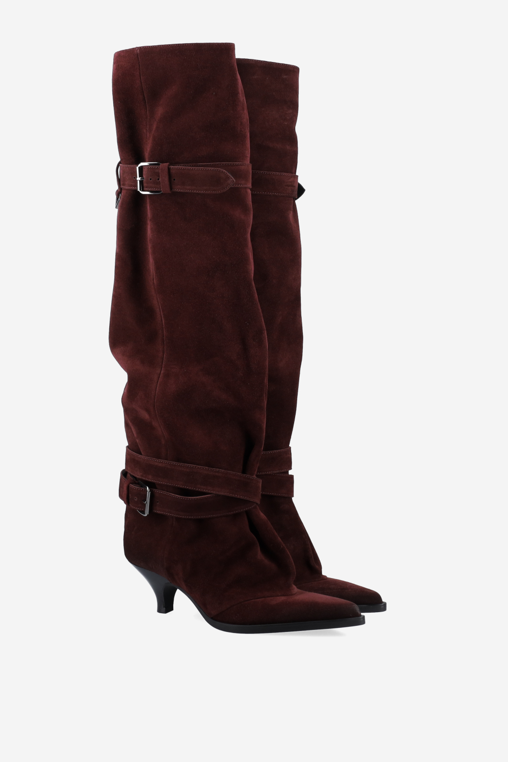Pointed-toe buckled suede boots