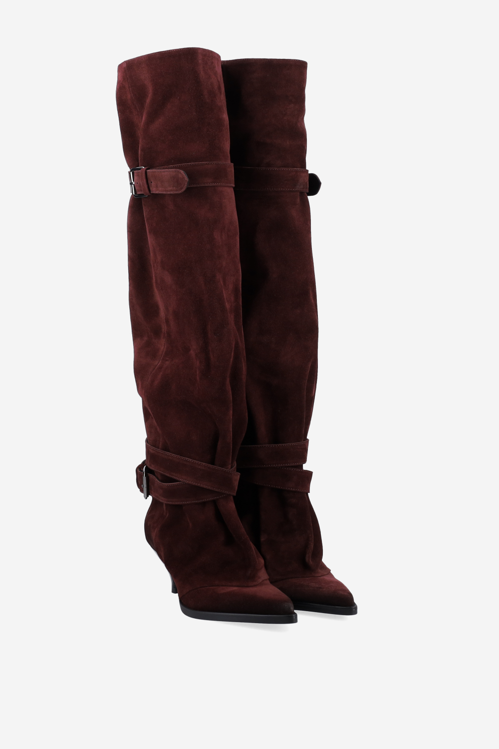 Pointed-toe buckled suede boots