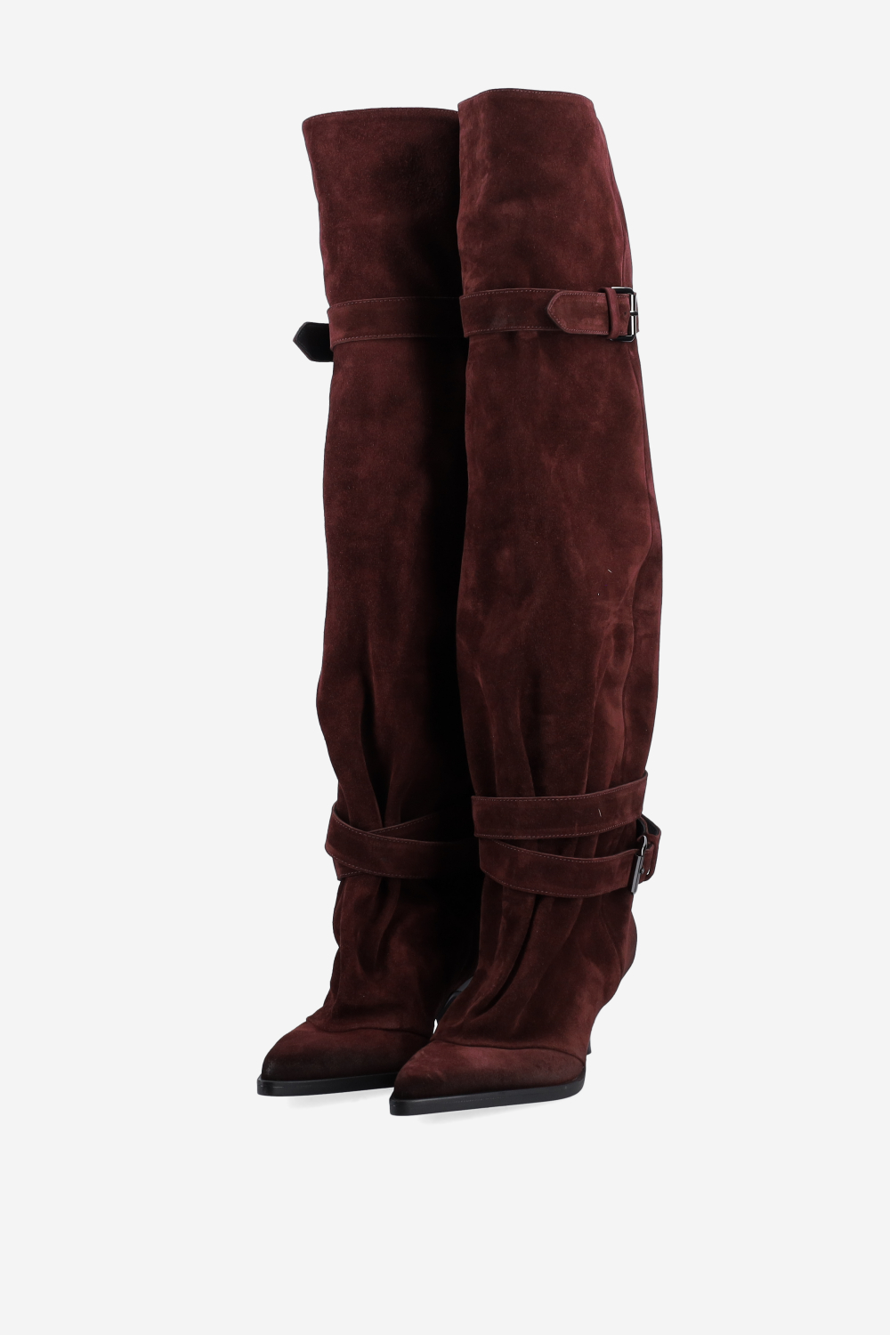 Pointed-toe buckled suede boots