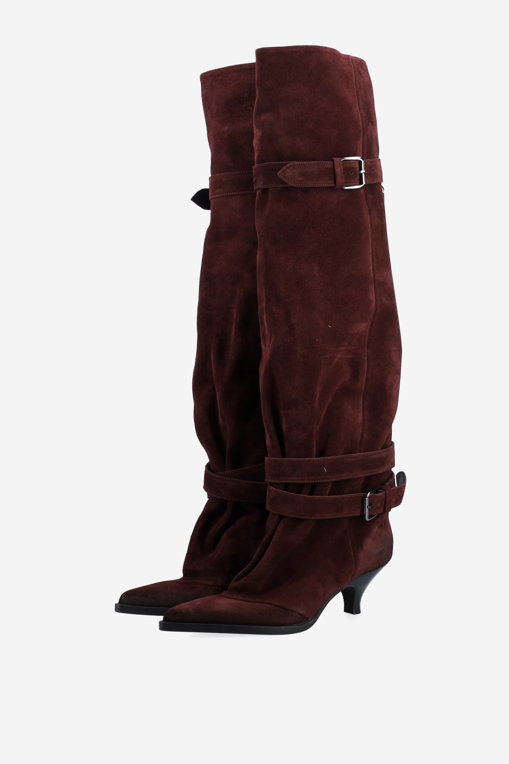 Pointed-toe buckled suede boots
