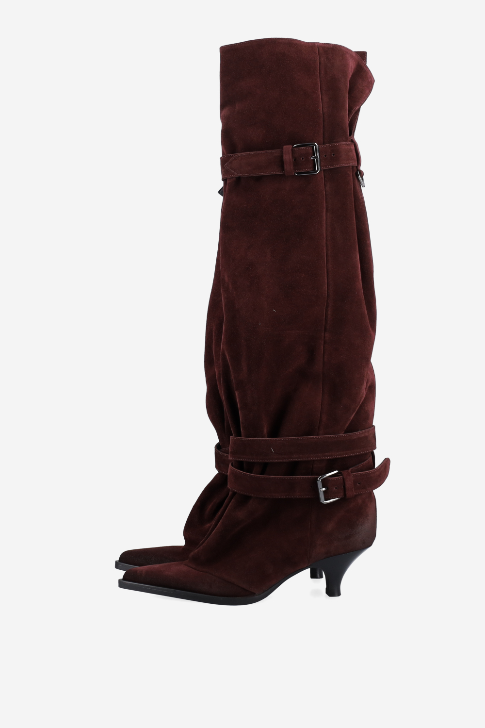 Pointed-toe buckled suede boots