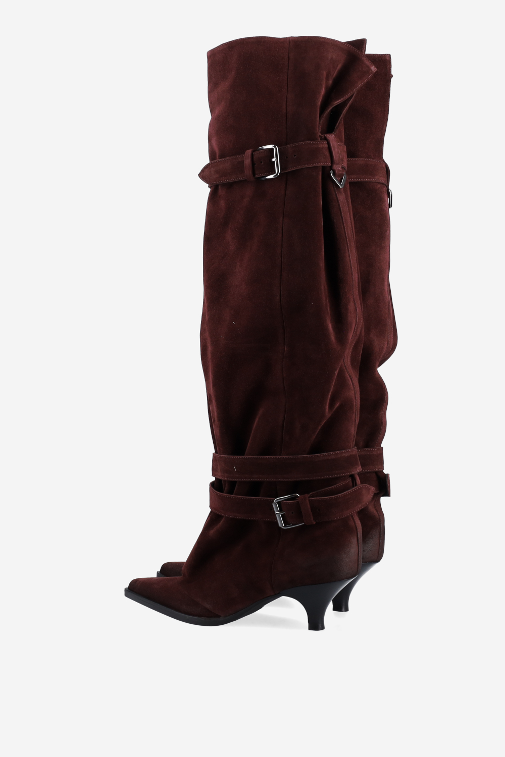 Pointed-toe buckled suede boots