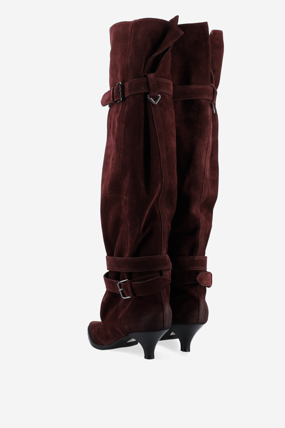 Pointed-toe buckled suede boots