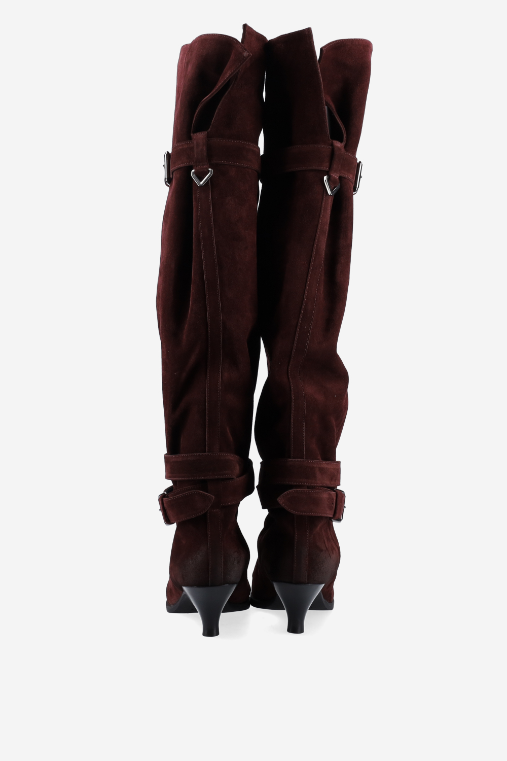 Pointed-toe buckled suede boots