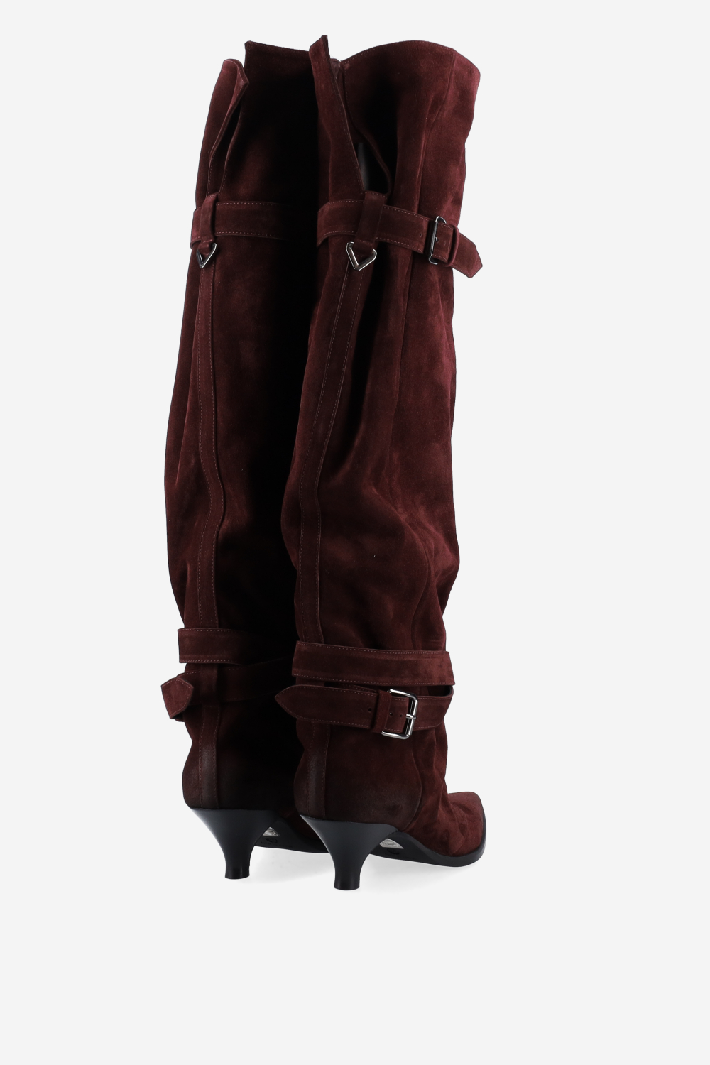 Pointed-toe buckled suede boots