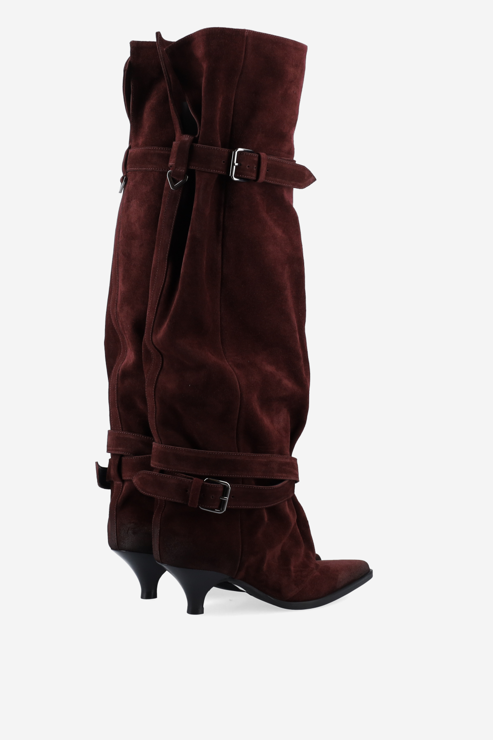 Pointed-toe buckled suede boots
