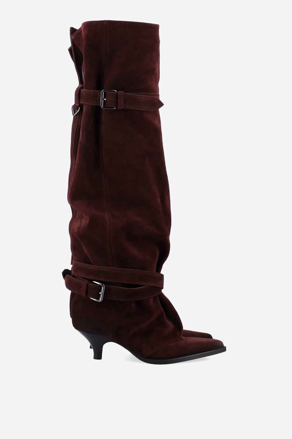 Pointed-toe buckled suede boots
