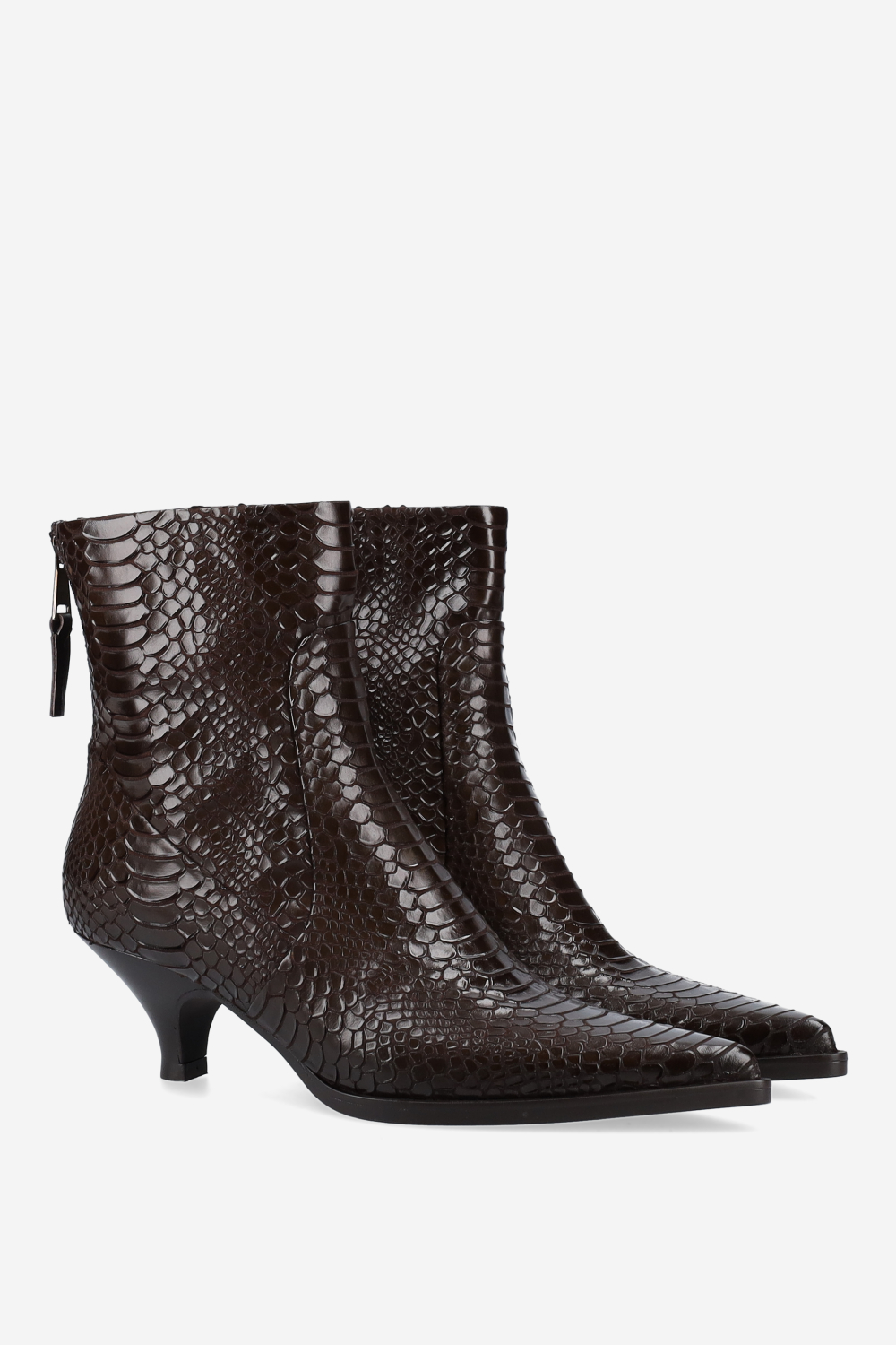 Pointed-toe croco leather ankle boots