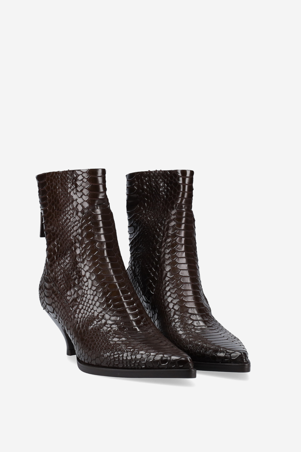 Pointed-toe croco leather ankle boots
