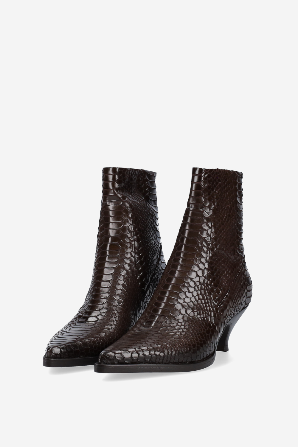 Pointed-toe croco leather ankle boots