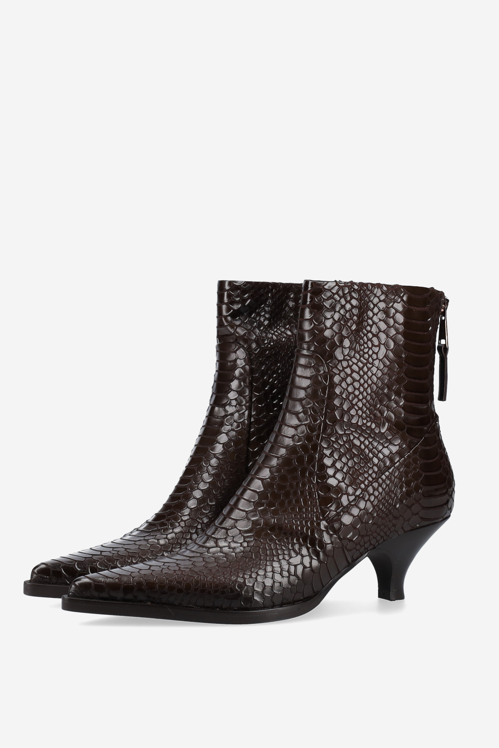 Pointed-toe croco leather ankle boots