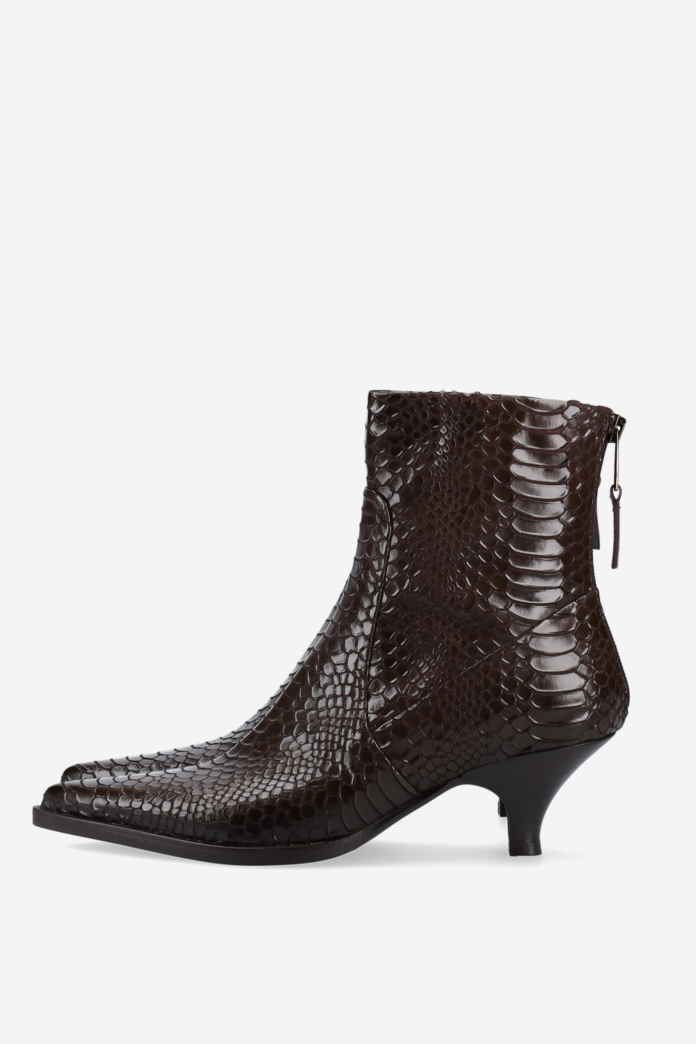 Pointed-toe croco leather ankle boots