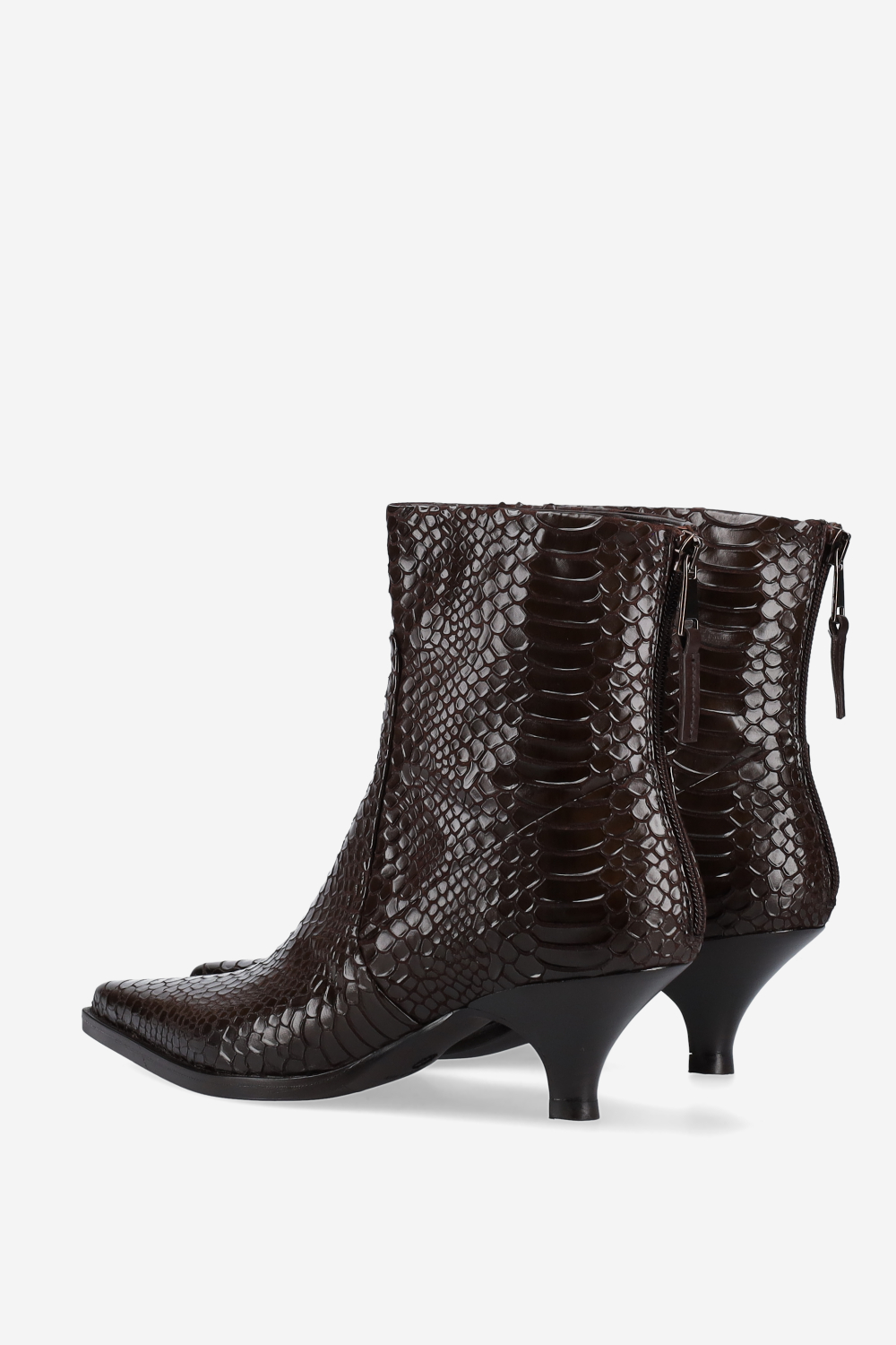 Pointed-toe croco leather ankle boots