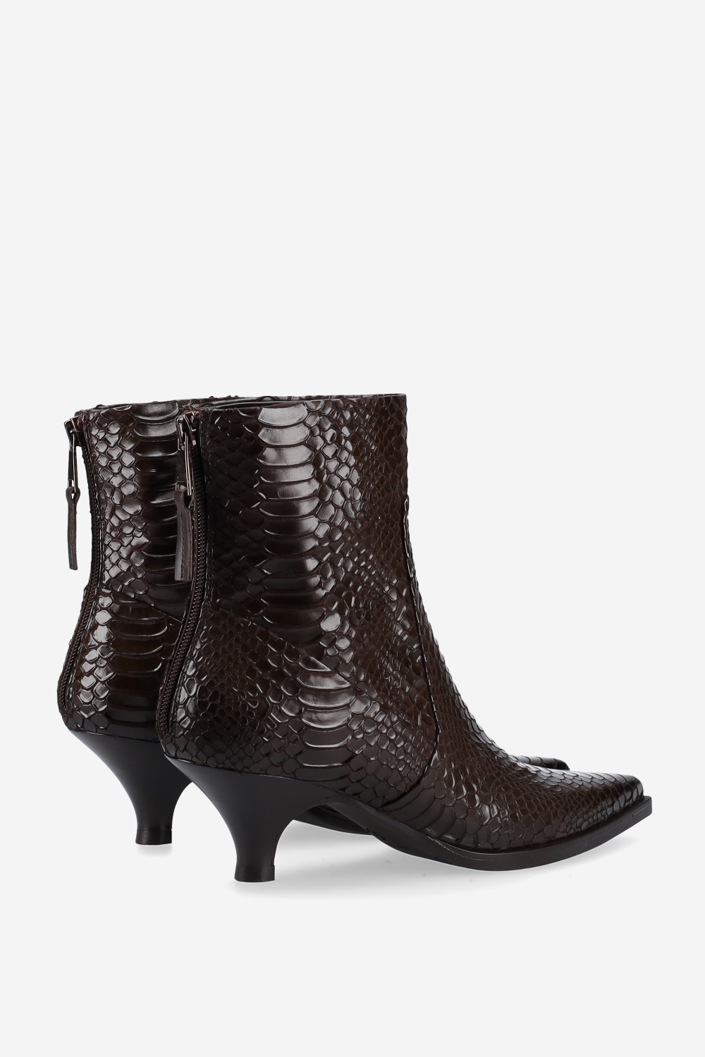Pointed-toe croco leather ankle boots