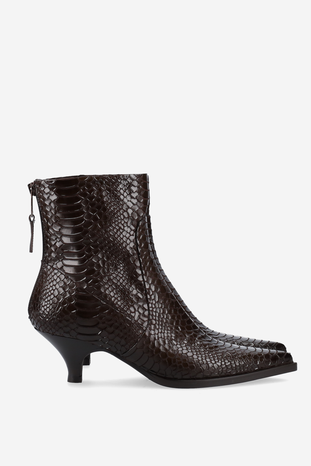 Pointed-toe croco leather ankle boots