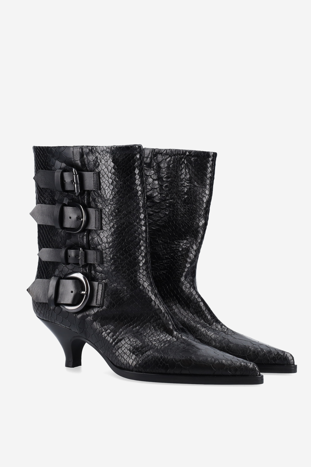 Buckled croco leather ankle boots