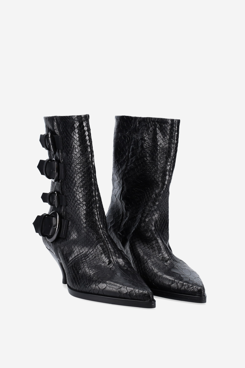 Buckled croco leather ankle boots