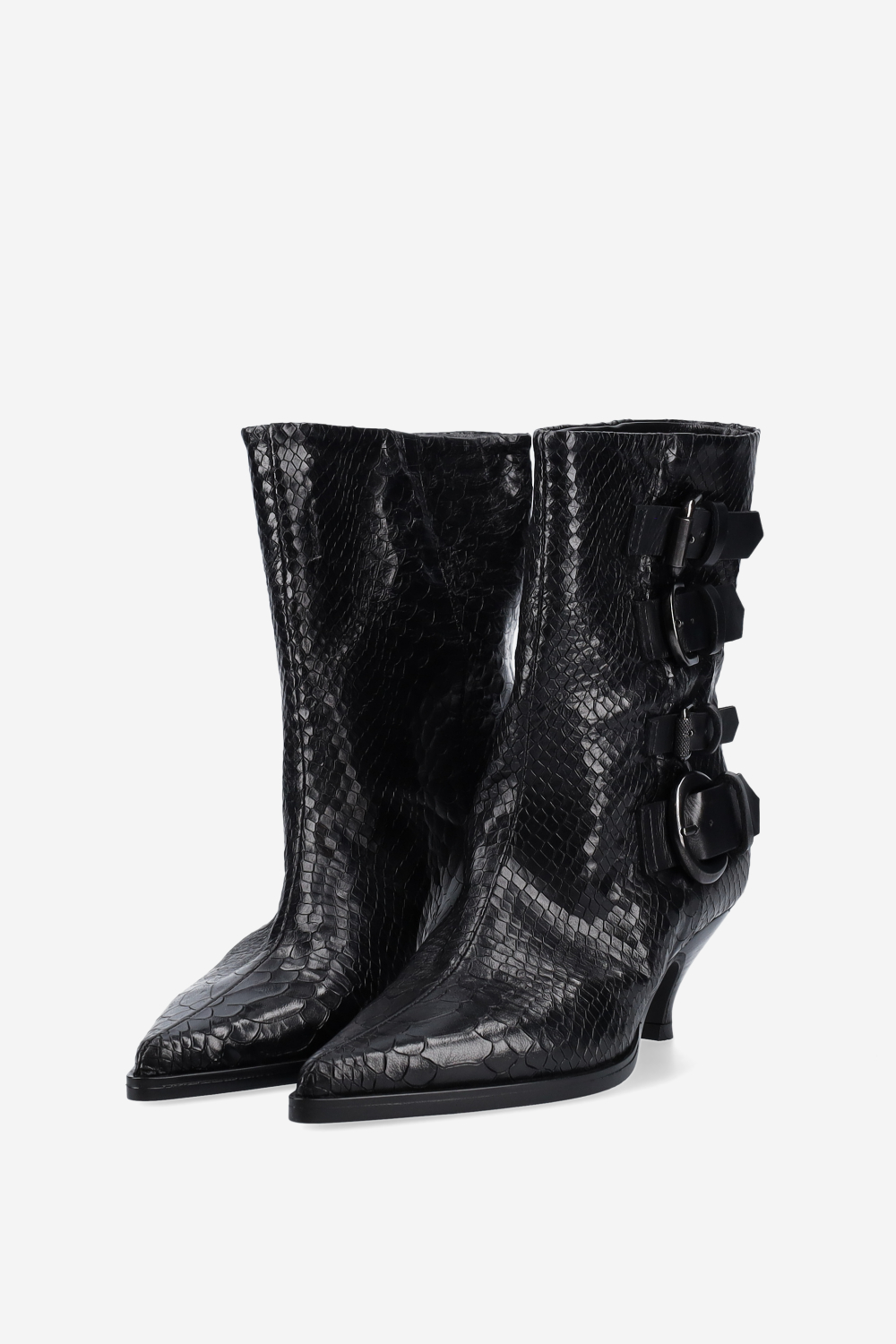 Buckled croco leather ankle boots