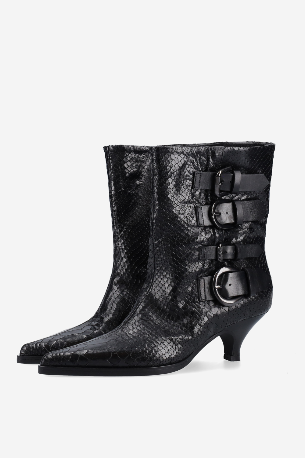 Buckled croco leather ankle boots