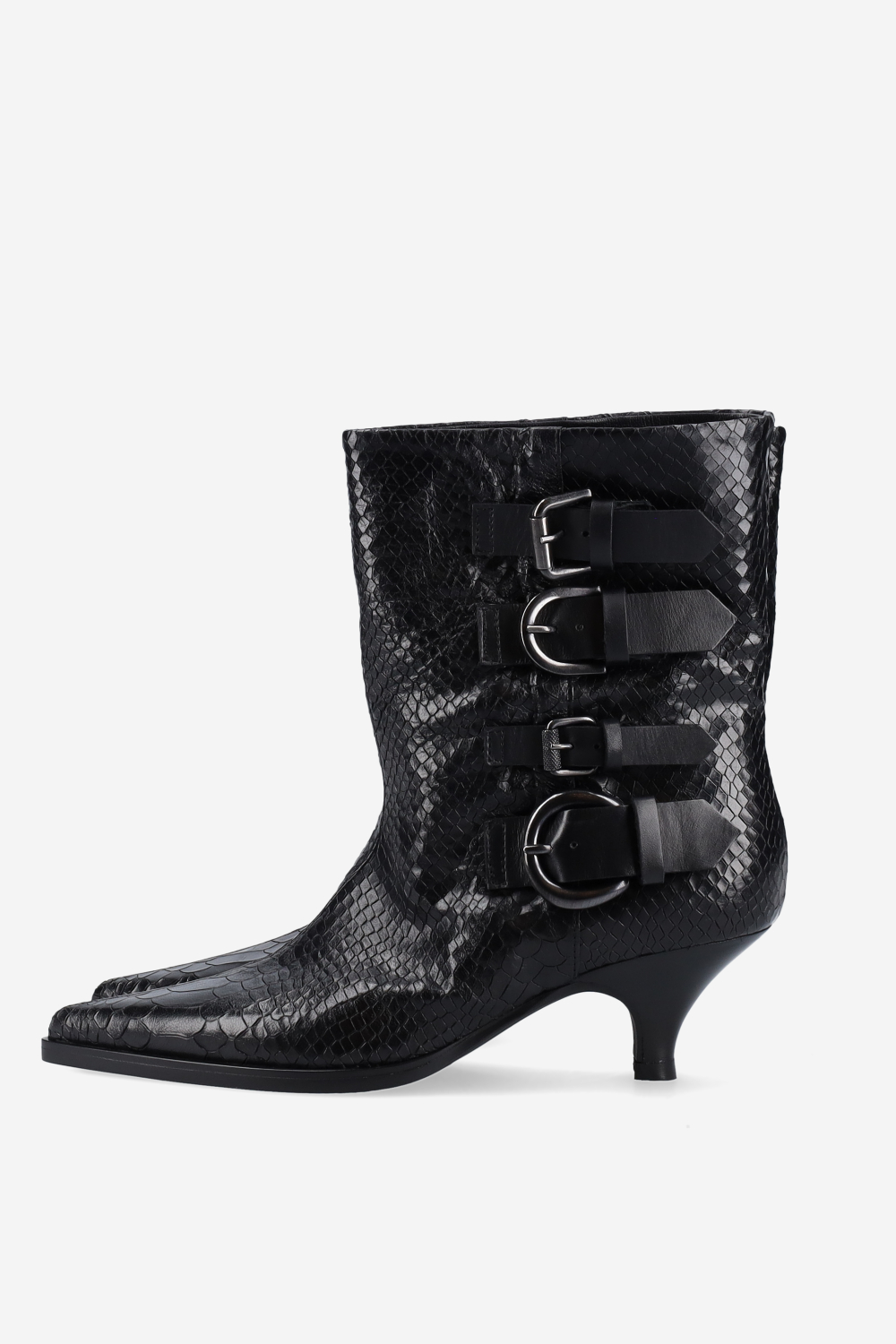 Buckled croco leather ankle boots