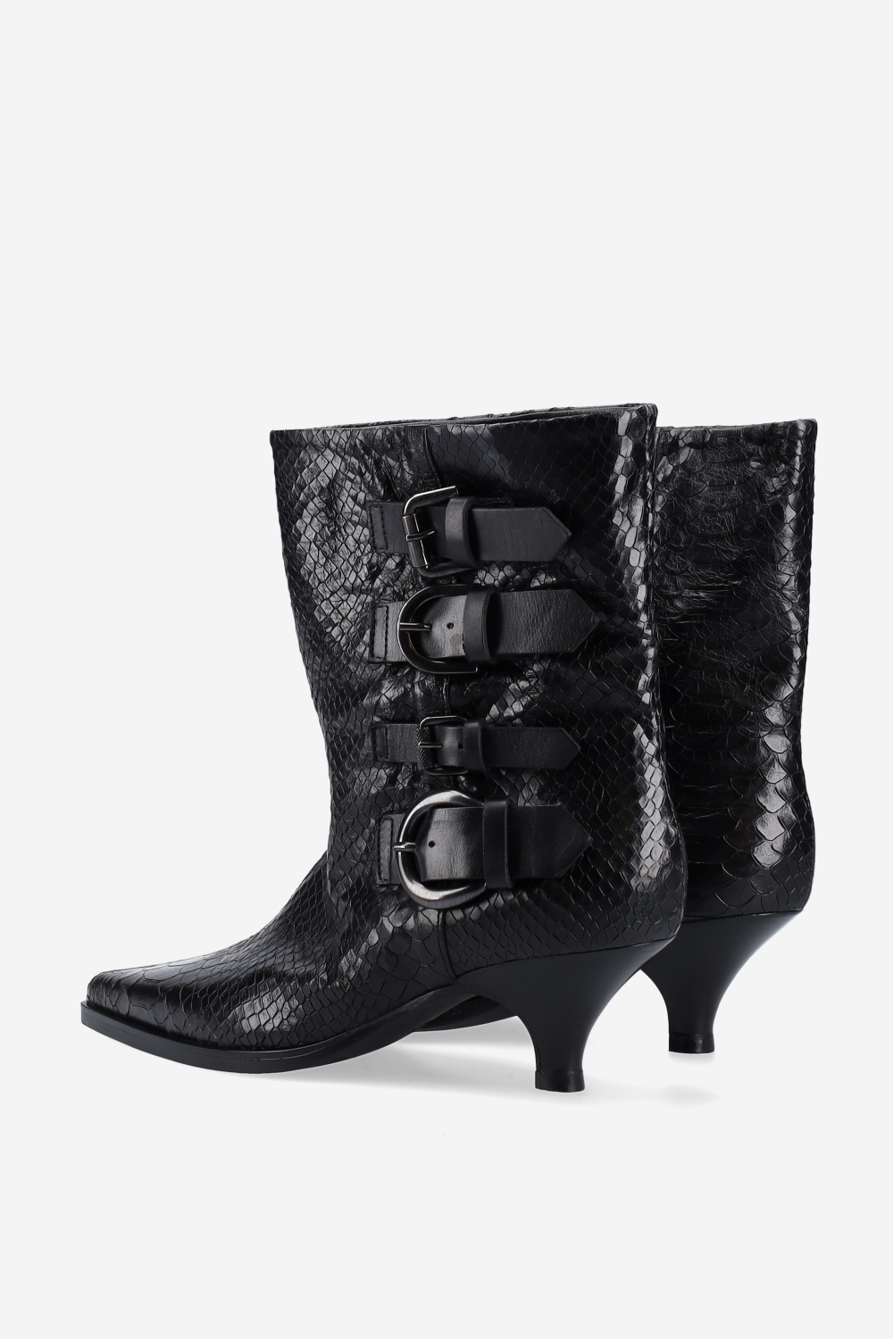 Buckled croco leather ankle boots