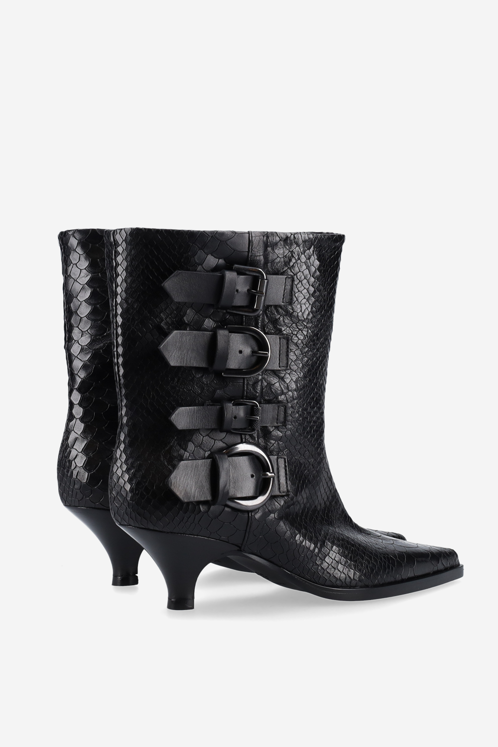 Buckled croco leather ankle boots