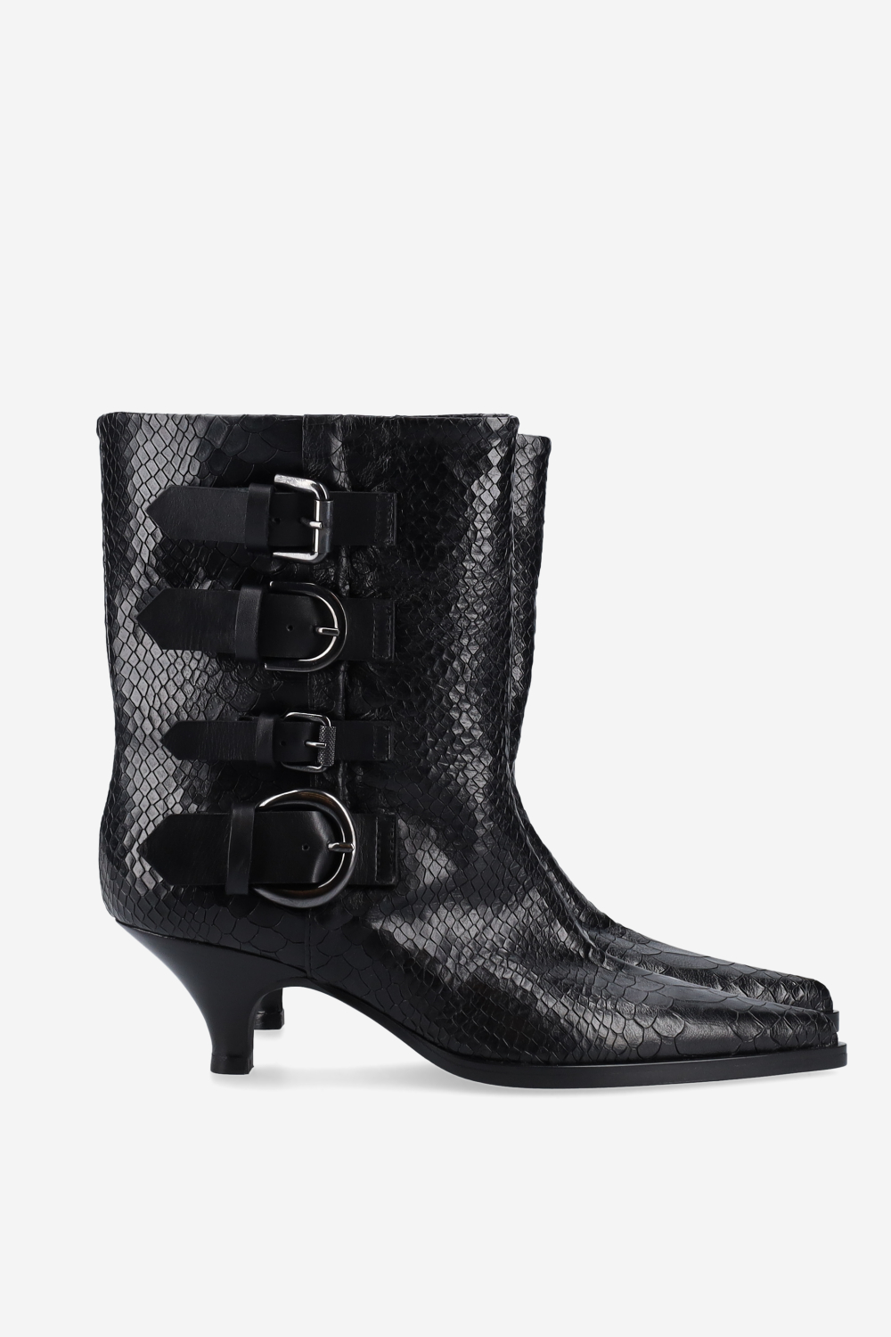 Buckled croco leather ankle boots