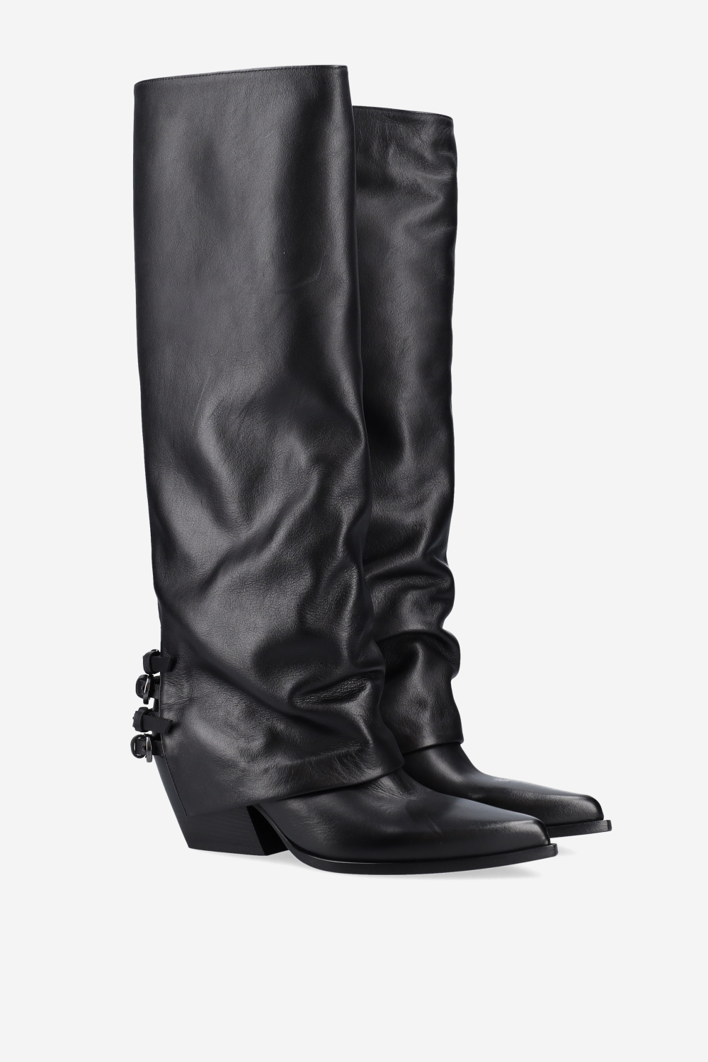 Fold-over pointed-toe leather boots