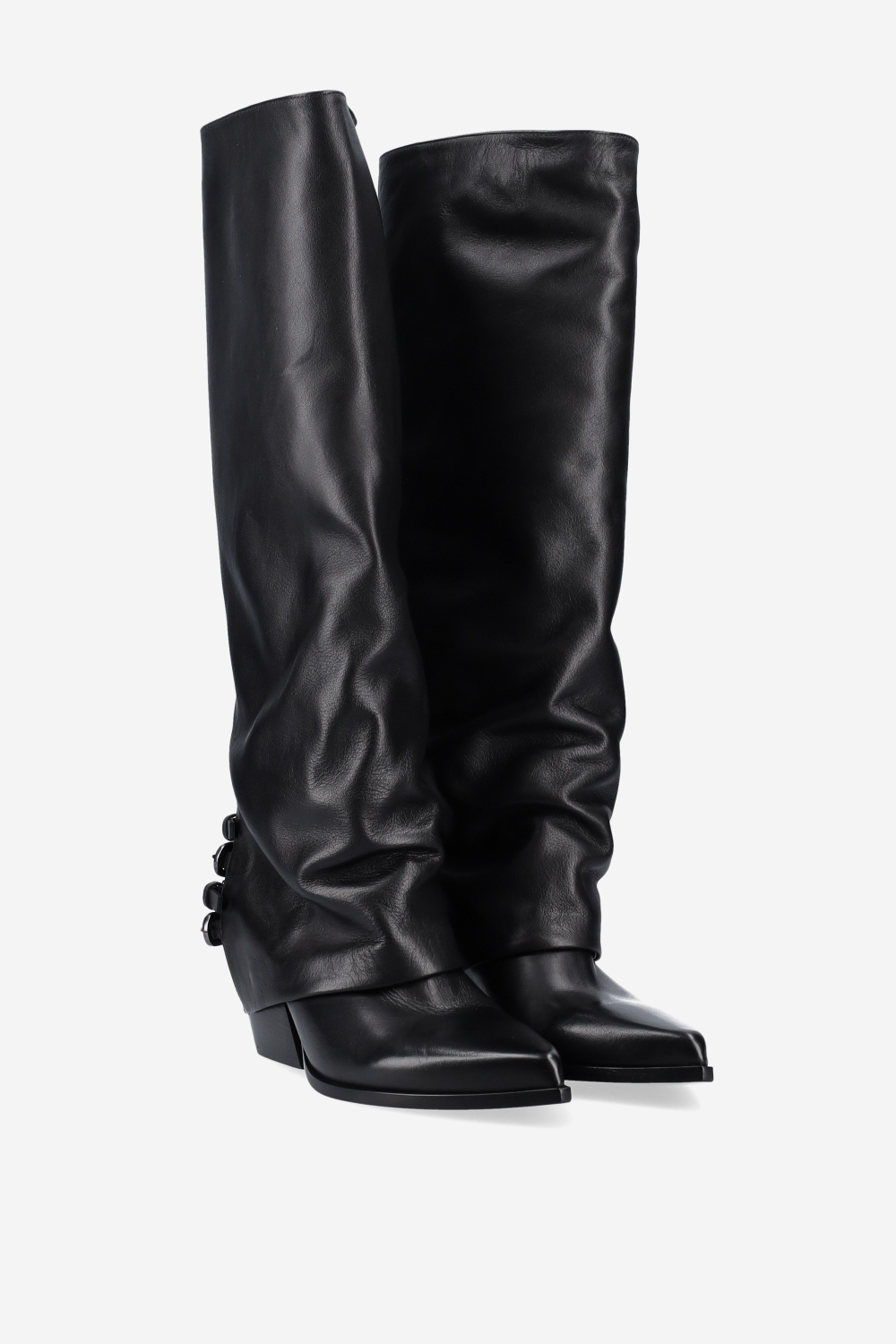Fold-over pointed-toe leather boots