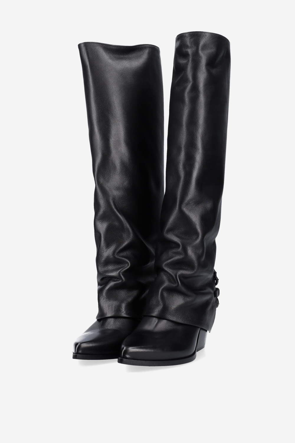 Fold-over pointed-toe leather boots