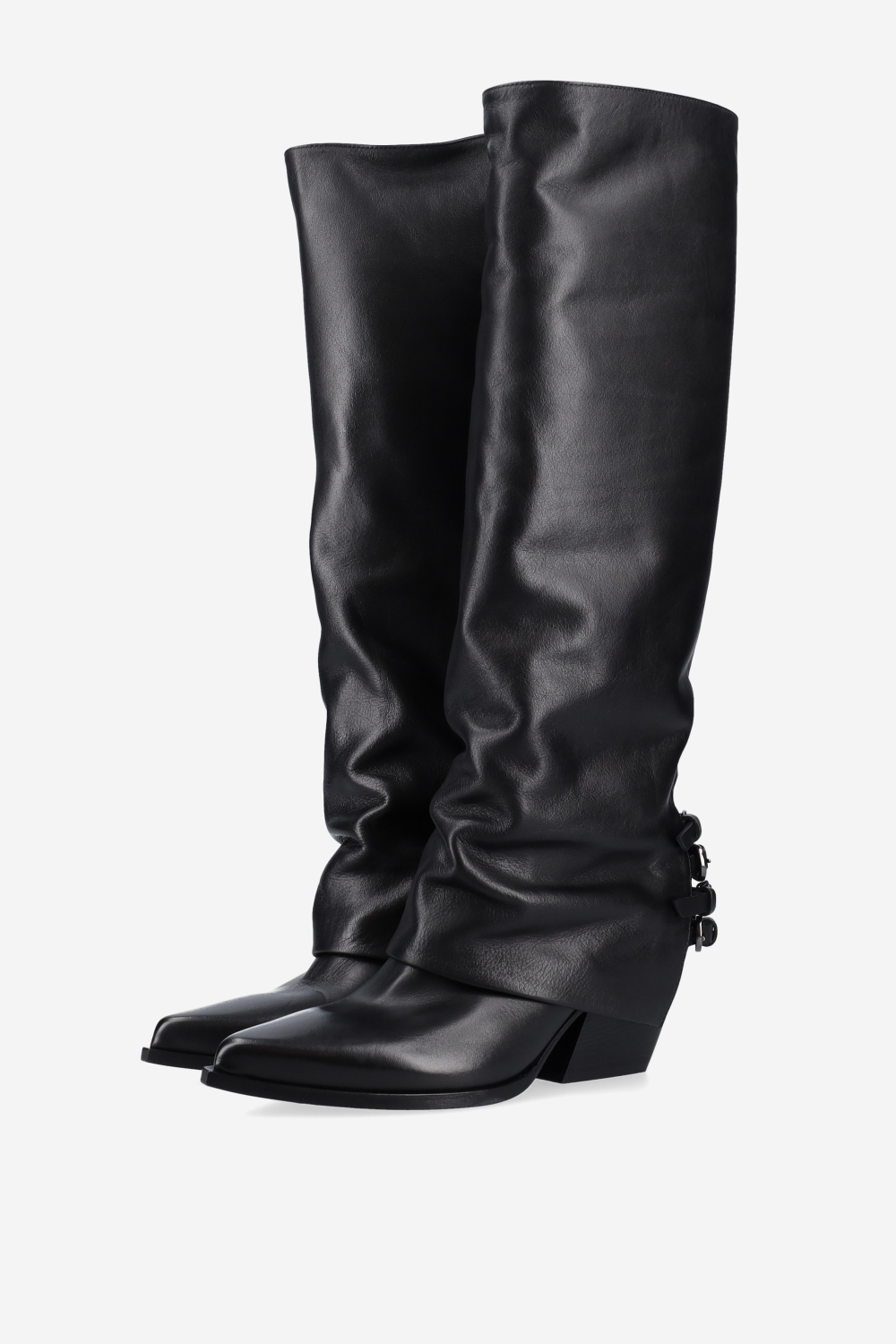 Fold-over pointed-toe leather boots