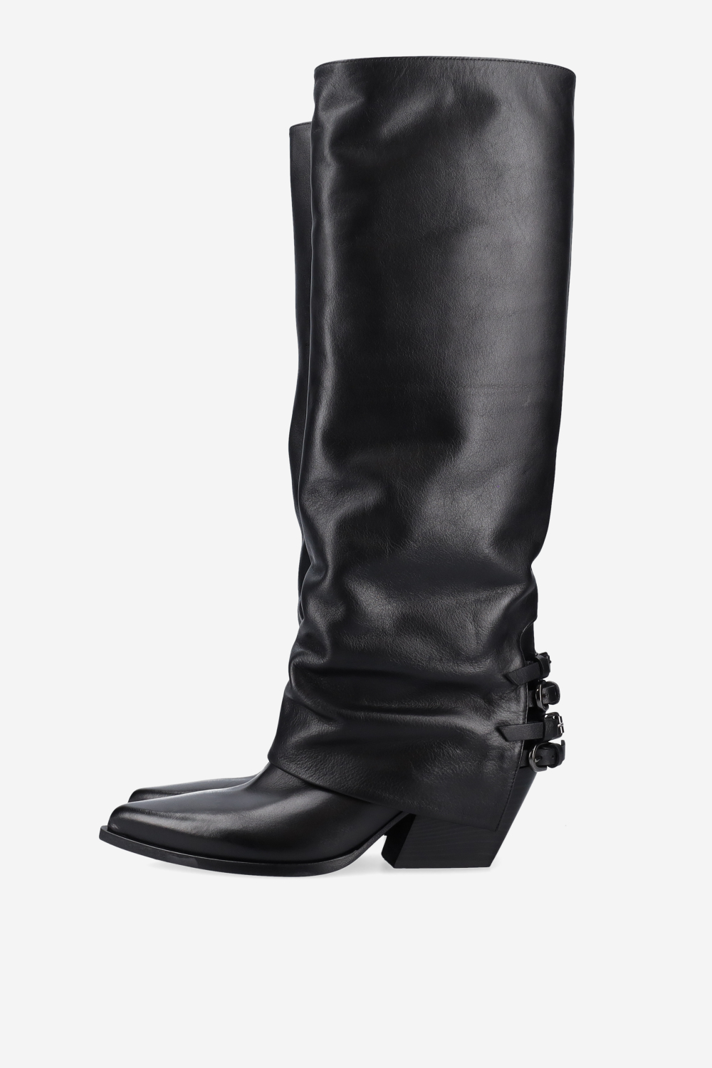 Fold-over pointed-toe leather boots