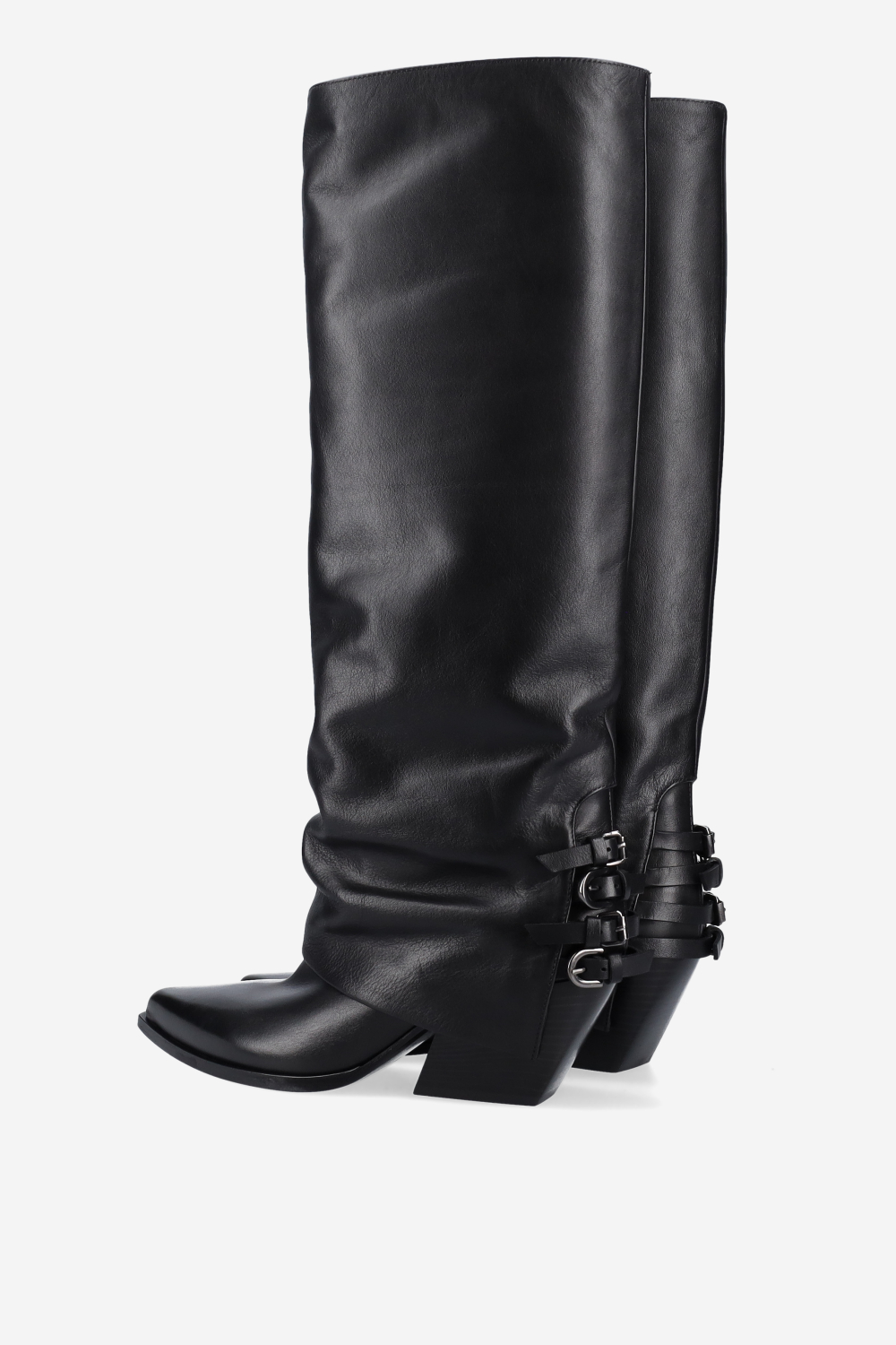 Fold-over pointed-toe leather boots