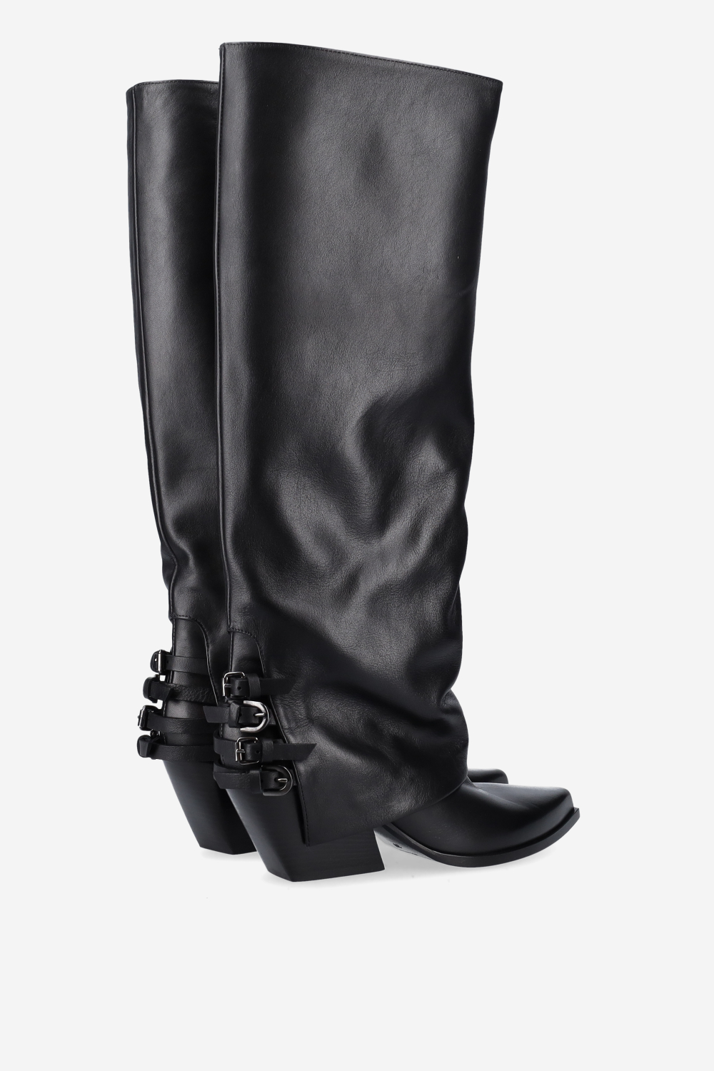Fold-over pointed-toe leather boots