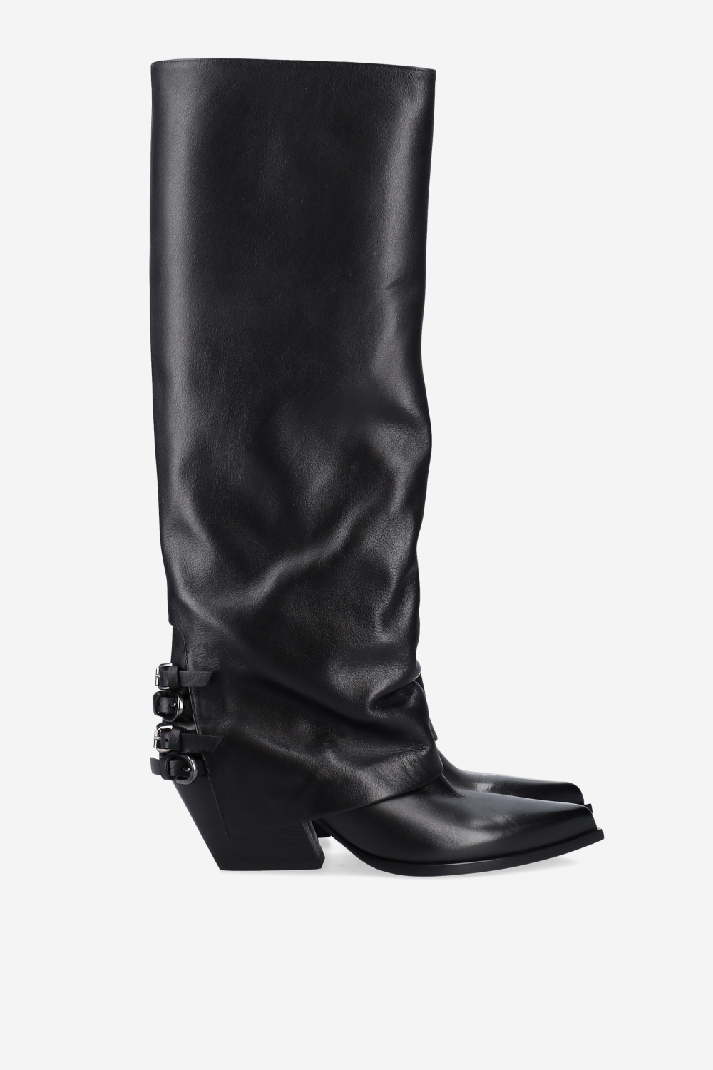 Fold-over pointed-toe leather boots