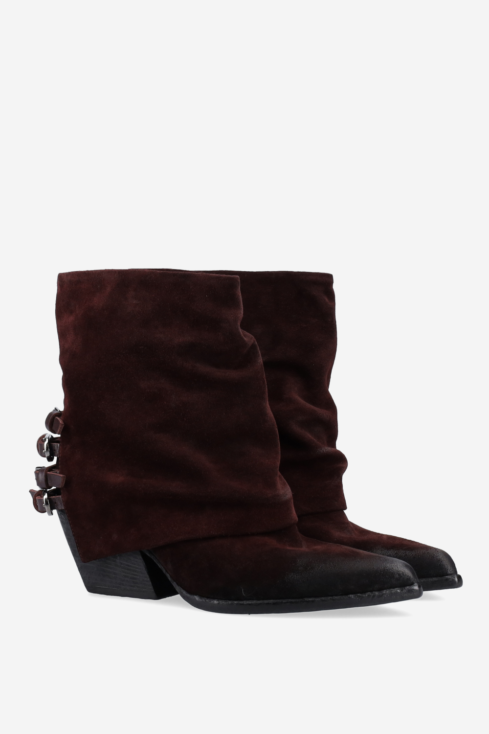 Fold-over pointed-toe suede boots