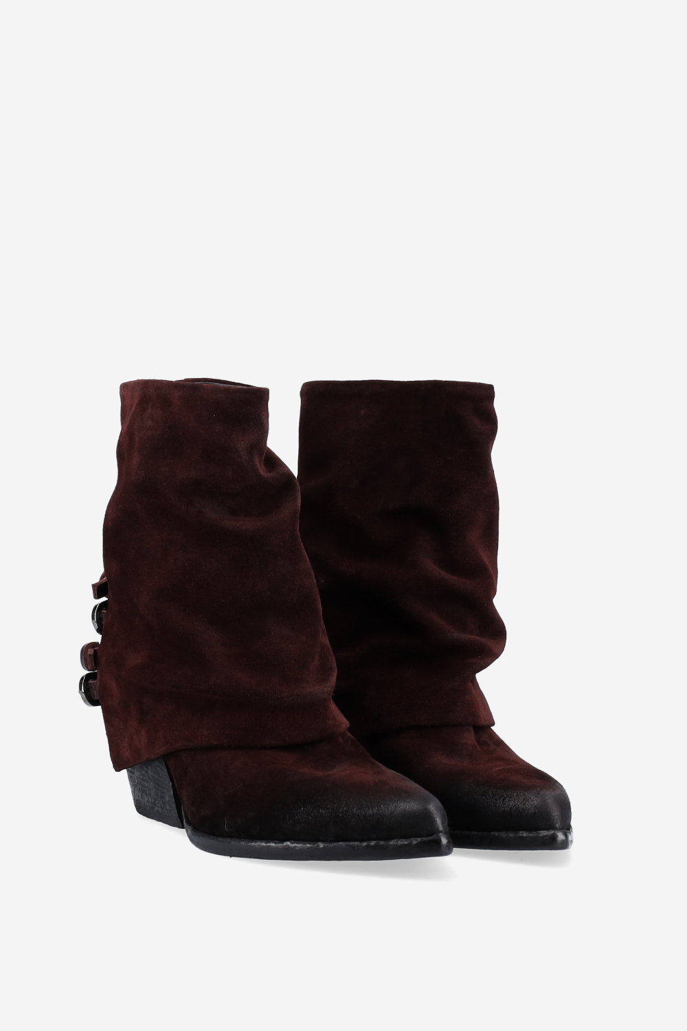 Fold-over pointed-toe suede boots