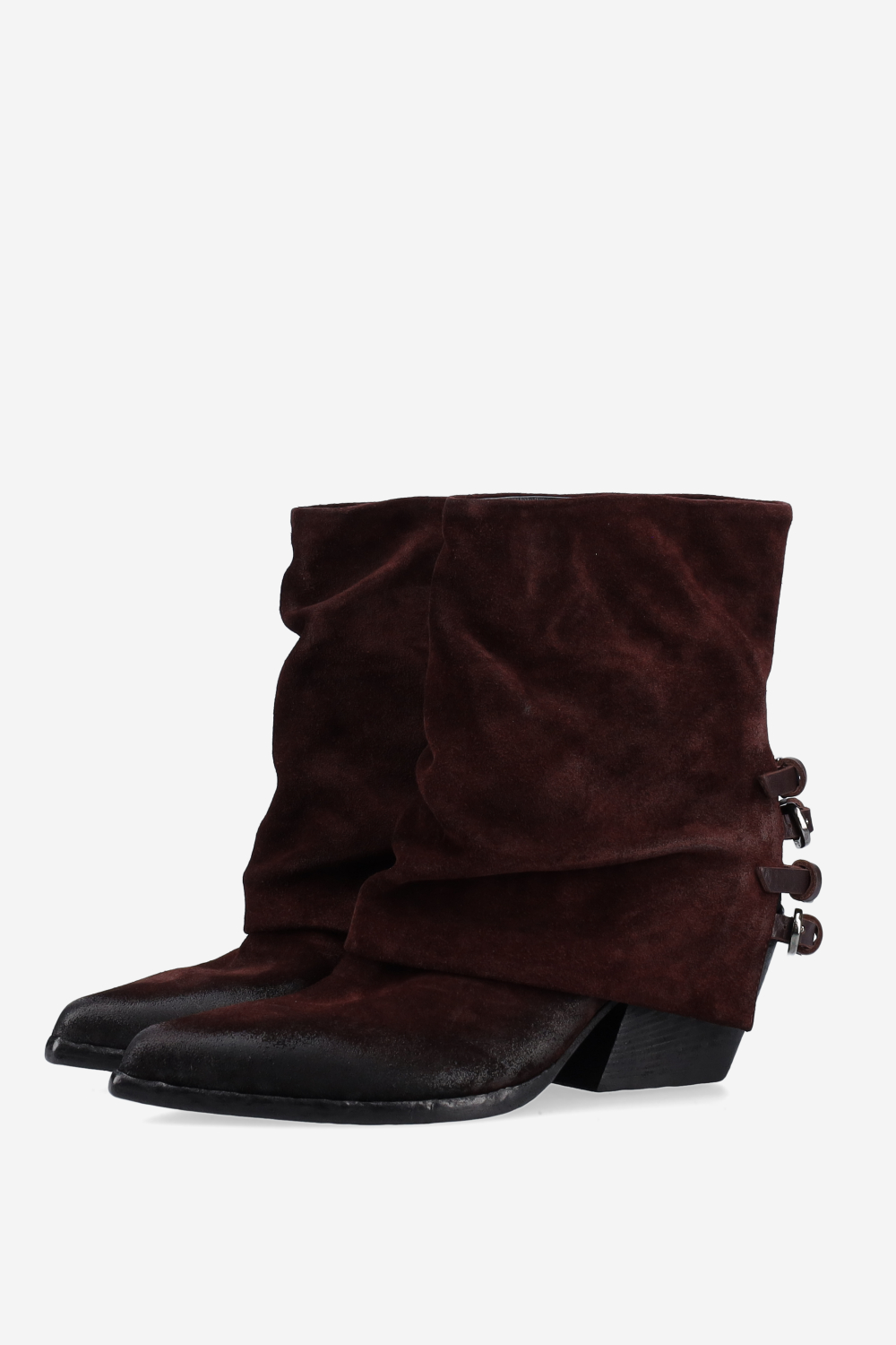 Fold-over pointed-toe suede boots